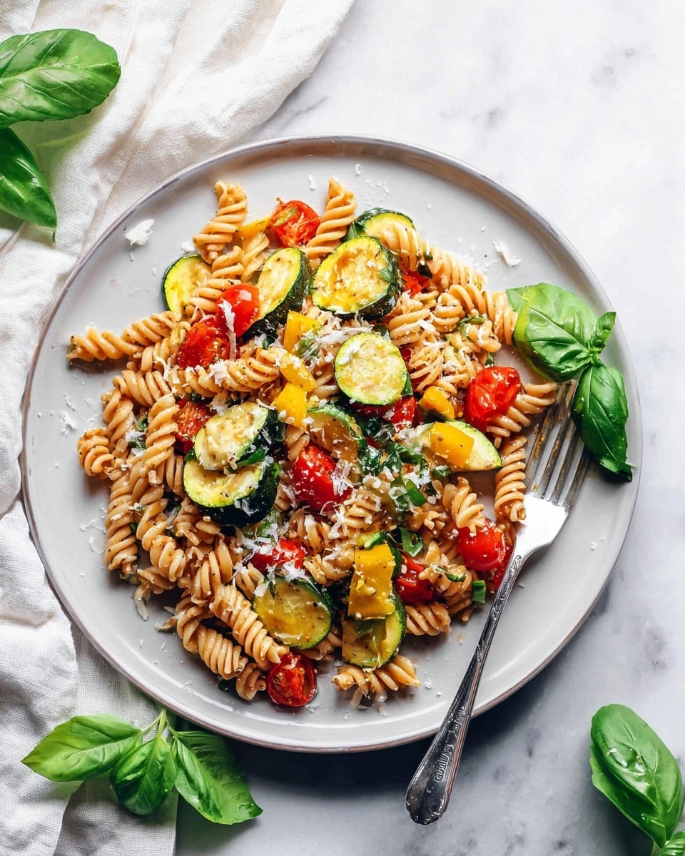 A white plate holds a colorful pasta dish with one main layer of light brown spiral pasta mixed with sliced green and yellow zucchini and red cherry tomatoes, all sprinkled with small white cheese shavings. The pasta and vegetables cover most of the plate, with a small bunch of fresh green basil leaves on the side near a silver fork resting on the right edge of the plate. The plate sits on a white marbled surface with more bright green basil leaves nearby, and a soft white cloth with green basil leaves is seen at the top left corner. The photo taken with an iphone --ar 4:5 --v 7