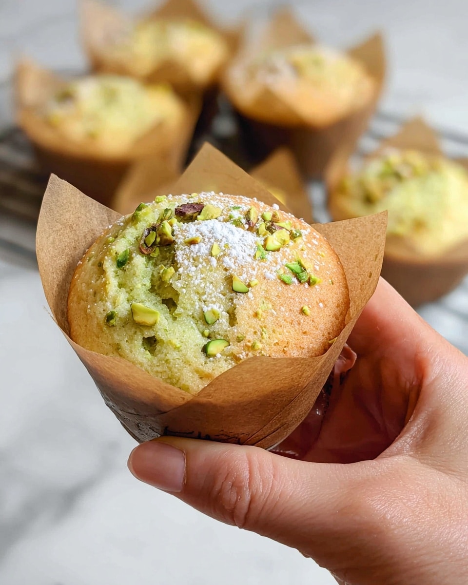 A close-up of a soft, round muffin held by a woman's hand, wrapped in brown parchment paper with a slightly crinkled texture. The muffin has a golden brown top sprinkled with small chopped green pistachios and a light dusting of white powdered sugar. Inside, the muffin shows a pale green color, hinting at a pistachio flavor. In the background, more muffins in the same parchment paper wrappers sit blurred on a white marbled surface. The whole scene has a warm, inviting look. Photo taken with an iphone --ar 4:5 --v 7
