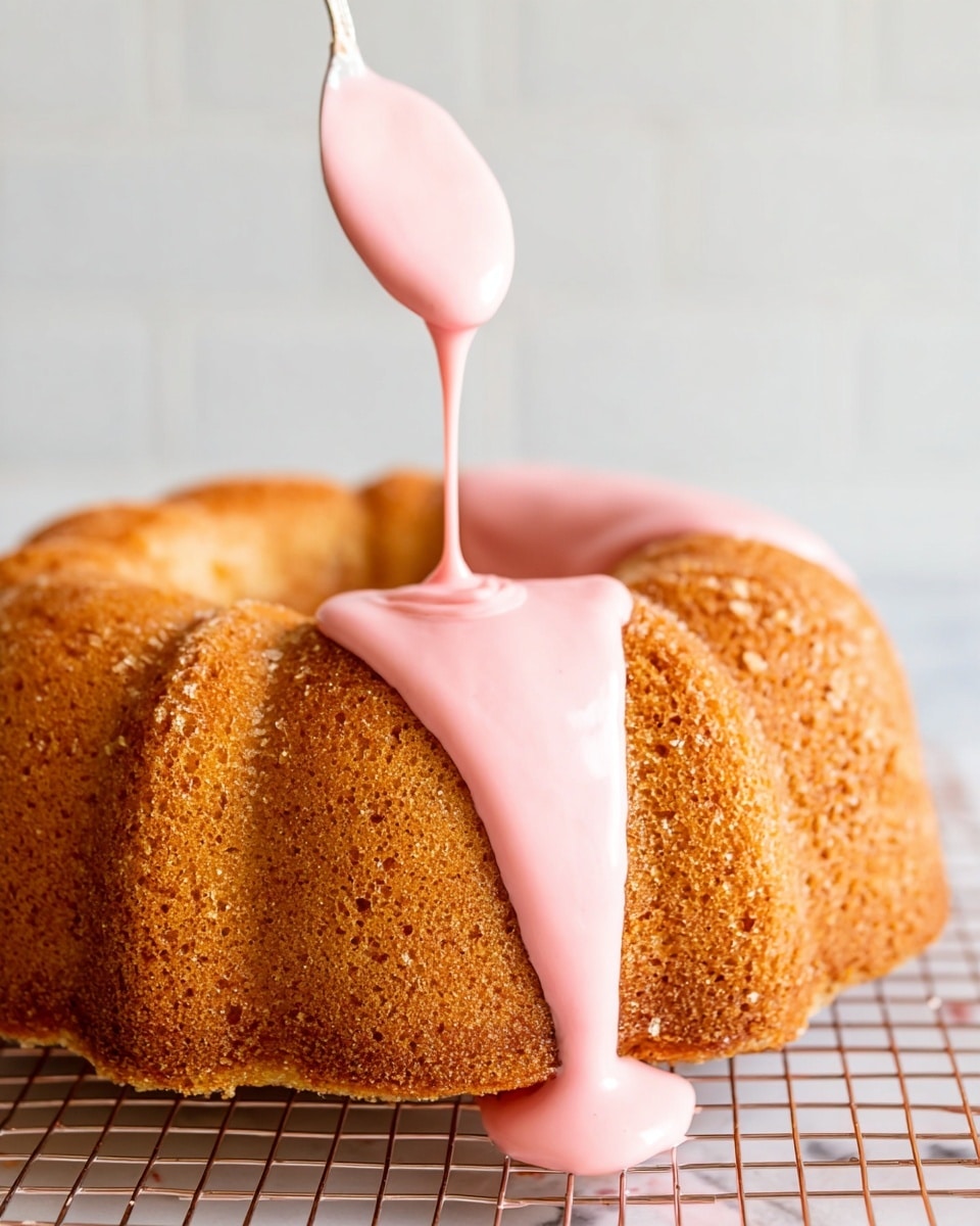 A golden brown bundt cake with a rough texture sits on a wire rack over a white marbled surface, and a spoon is pouring shiny, smooth pink icing over the top center of the cake, letting it flow down the side. The pink icing is thick but still fluid, creating a glossy layer on the cake's surface. The background is a soft, out-of-focus white with subtle tile patterns. photo taken with an iphone --ar 4:5 --v 7