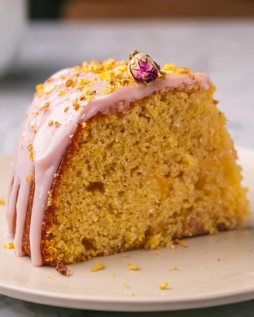 A single thick slice of yellow cake with small bits inside, showing a soft and moist texture, sits on a white plate. The top of the slice is covered with a layer of light pink icing, which looks smooth and slightly dripping down the sides, sprinkled with tiny golden crumbs and a small piece of a dried rose petal for decoration. The background shows a light white marbled texture, and the lighting highlights the cake's crumbly details and shiny icing. photo taken with an iphone --ar 4:5 --v 7