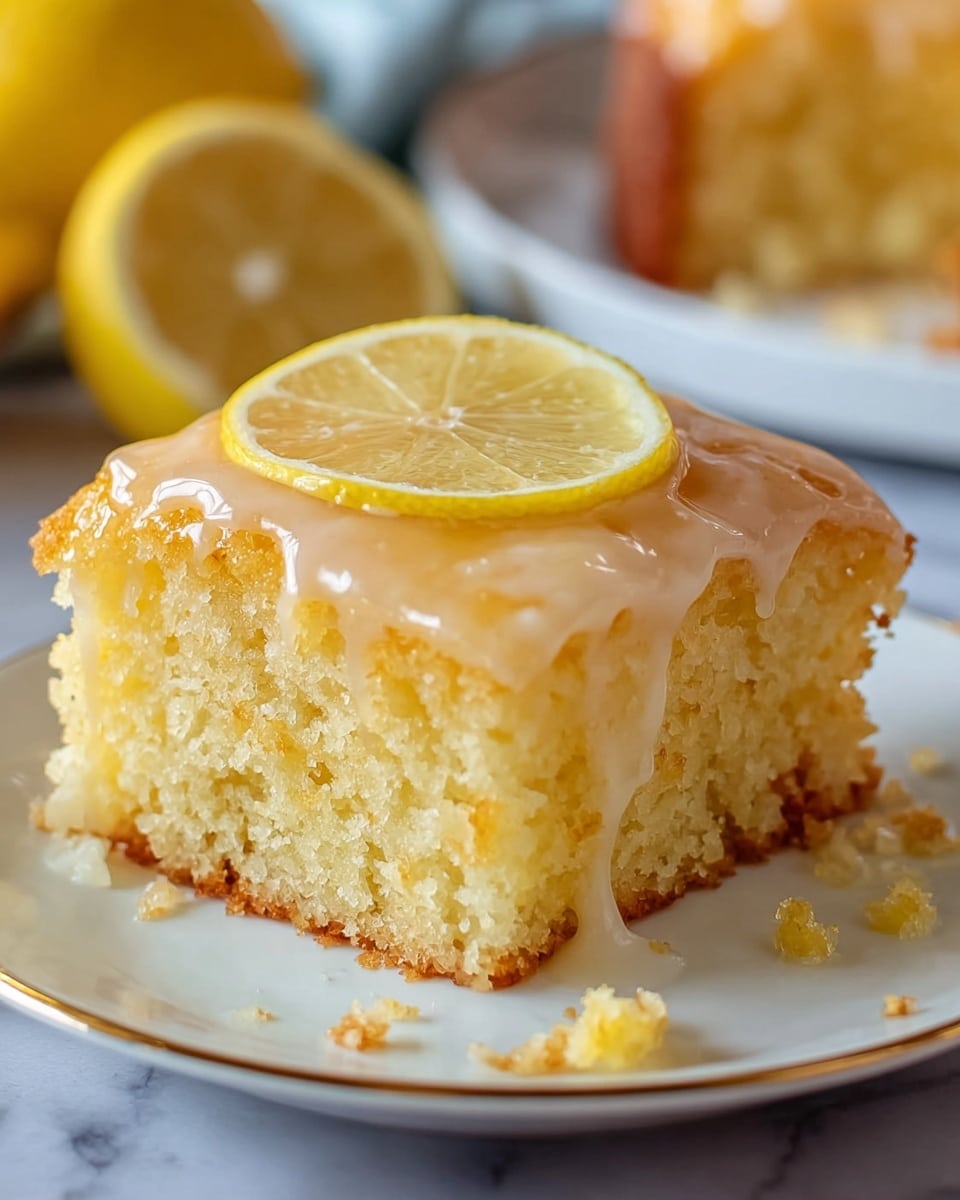 A square piece of lemon cake sits on a white plate with a thin gold edge, placed on a white marbled surface. The cake has two layers: a moist, pale yellow sponge base with a soft crumb texture, and a thin, shiny glaze on top that drips slightly over the sides. A round slice of lemon with a light yellow peel and transparent pale yellow flesh rests on the top center of the cake. Around the plate's edge are small crumbs, and part of another piece of cake and a yellow lemon are blurred in the background. Photo taken with an iphone --ar 4:5 --v 7