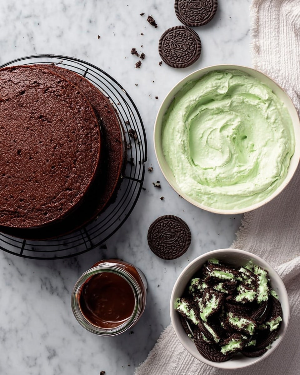 The image shows three dark brown cake layers on a black cooling rack, each with a soft and moist texture. To the right, there is a white bowl filled with light green mint-flavored cream that looks smooth with small bits of dark chocolate mixed inside, giving it a textured look. Next to it, a white bowl holds crushed dark brown cookies combined with the same light green cream, making a speckled and chunky mixture. In front of these bowls, a small glass jar contains thick dark brown chocolate sauce. Scattered on the white marbled surface are whole dark brown cookies surrounding a beige cloth, creating a casual baking scene. Photo taken with an iphone --ar 4:5 --v 7