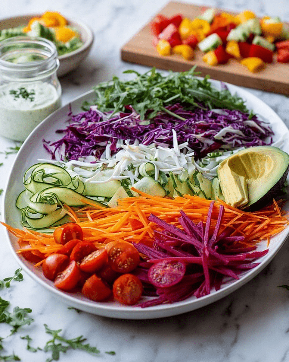 A large white oval plate on a white marbled surface holds a neatly arranged fresh vegetable salad with several colorful layers. At the bottom is a layer of green arugula leaves, topped on one side with bright purple shredded cabbage mixed with thin white strips, next to it thinly sliced green cucumber forming a neat row. In the center is half an avocado with a pale green creamy texture, surrounded by a row of bright orange carrot strips. Next to the carrots are magenta beetroot strips mixed with more white thin strips, and finally on one edge bright red halved cherry tomatoes with a few green leaves. A small jar of white creamy dressing with green herbs is placed on the left side near the plate, and a wooden board with scattered chopped vegetables sits blurred in the background. Photo taken with an iphone --ar 4:5 --v 7