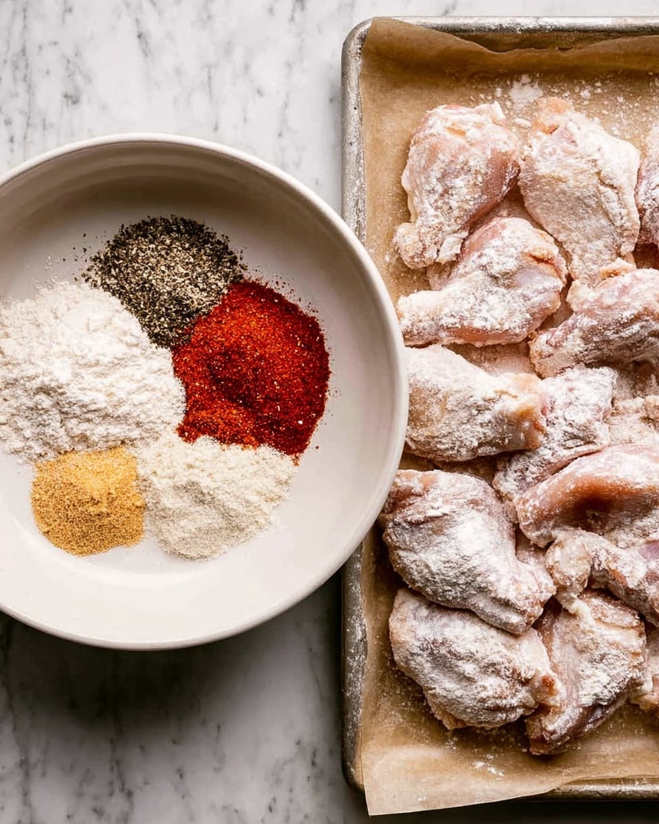 In the first image, there is a white bowl containing five separate piles of spices arranged in a circle. The spices include coarse black pepper, white salt, garlic powder, bright red paprika, and another reddish-brown spice. The second image shows raw chicken pieces spread out on a parchment-lined tray. Each piece of chicken is covered with a thin layer of white flour, giving a powdery look. The tray is on a surface with a white marbled texture. photo taken with an iphone --ar 4:5 --v 7