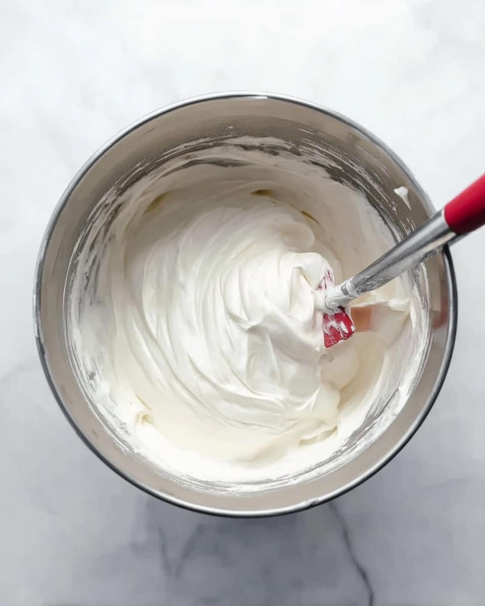 A shiny silver metal mixing bowl filled with a thick, smooth, white creamy mixture. The top layer of the mixture has soft swirls and peaks. A metal spatula with a red silicone tip is resting inside the bowl, partially covered by the creamy mixture. The bowl is placed on a white marbled surface. Photo taken with an iphone --ar 4:5 --v 7