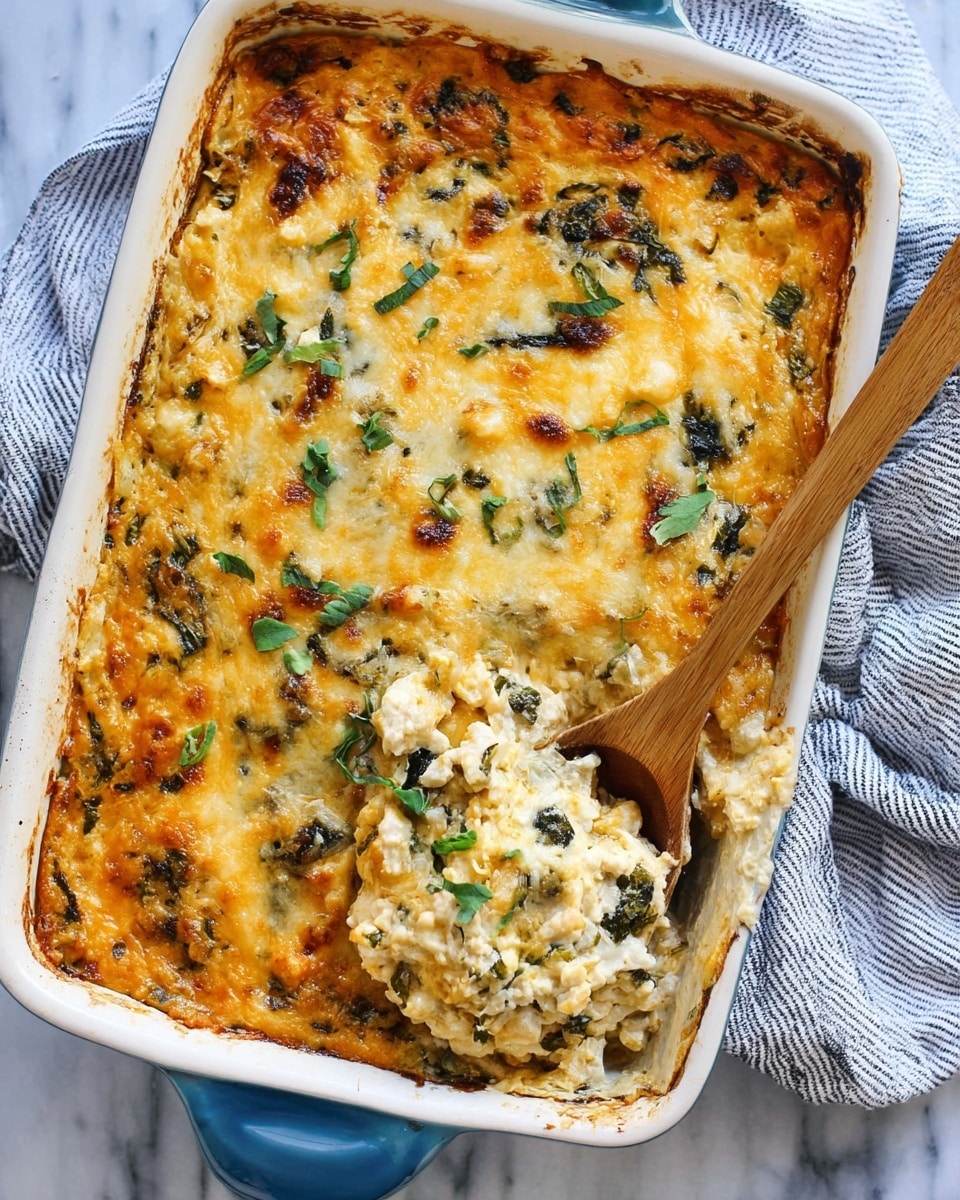 A baked casserole in a white rectangular dish with a slightly browned, melted cheese layer on top mixed with green herb pieces scattered throughout. The cheese is golden and white, creating a textured, uneven surface with some dark green leafy bits visible. The wooden spoon inside the dish scoops a portion from the bottom right corner, showing a creamy, chunky mixture beneath the cheese topping. The dish sits on a white marbled surface, with a striped cloth partially under it and the blue handle of the dish visible on the bottom right. photo taken with an iphone --ar 4:5 --v 7