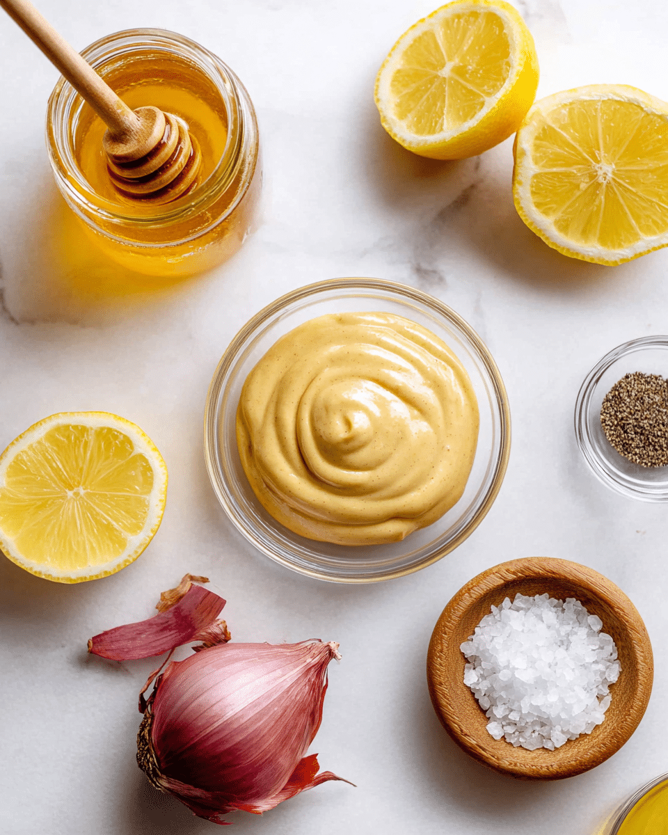 The image shows several ingredients laid out on a white marbled surface. At the center is a clear glass bowl filled with a smooth, pale mustard-yellow creamy sauce with a swirled texture on top. Above and to the left is a clear jar filled with golden honey, with a wooden honey dipper resting inside, immersed in the honey. To the top right is half a bright yellow lemon with a visible juicy interior, while another lemon half is placed to the bottom left with a similar bright yellow inside. Below the mustard bowl, there is a reddish-purple shallot with its papery skin partly peeling off. To the bottom right, there is a small wooden bowl filled with coarse white salt crystals. At the far right edge, there is a small clear glass bowl with black pepper and a blurry bottle of olive oil seen next to it. The setup is simple with a clean, bright, and fresh look. photo taken with an iphone --ar 4:5 --v 7