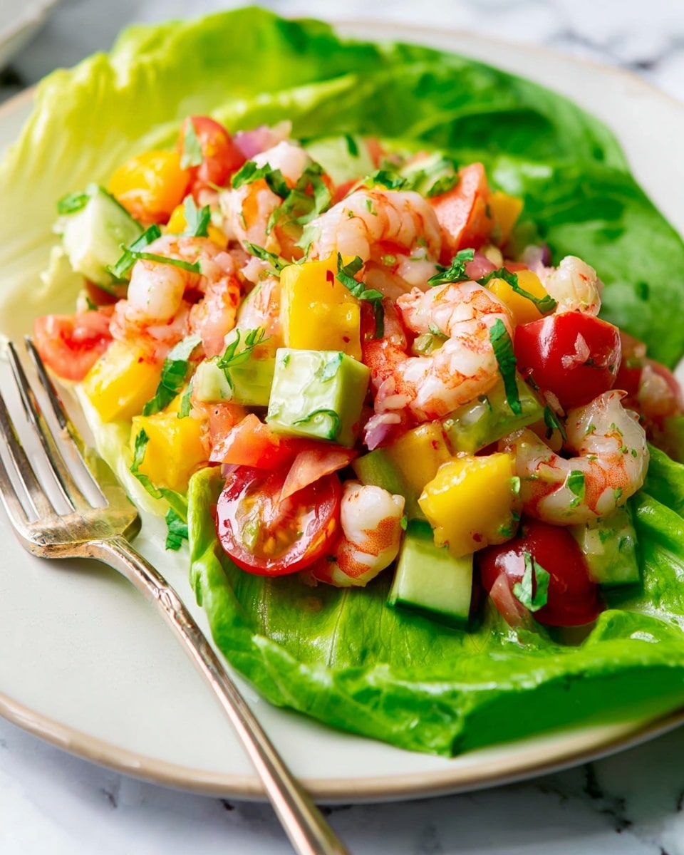 Close-up image of a shrimp salad served in a white bowl, showing pink shrimp coated lightly with sauce as the top layer, mixed with green avocado pieces, bright red cherry tomato halves, and yellow bell pepper chunks underneath. The colors are vibrant, with the creamy sauce giving a shiny texture to the shrimp and some vegetables. The background is a white marbled texture. photo taken with an iphone --ar 4:5 --v 7
