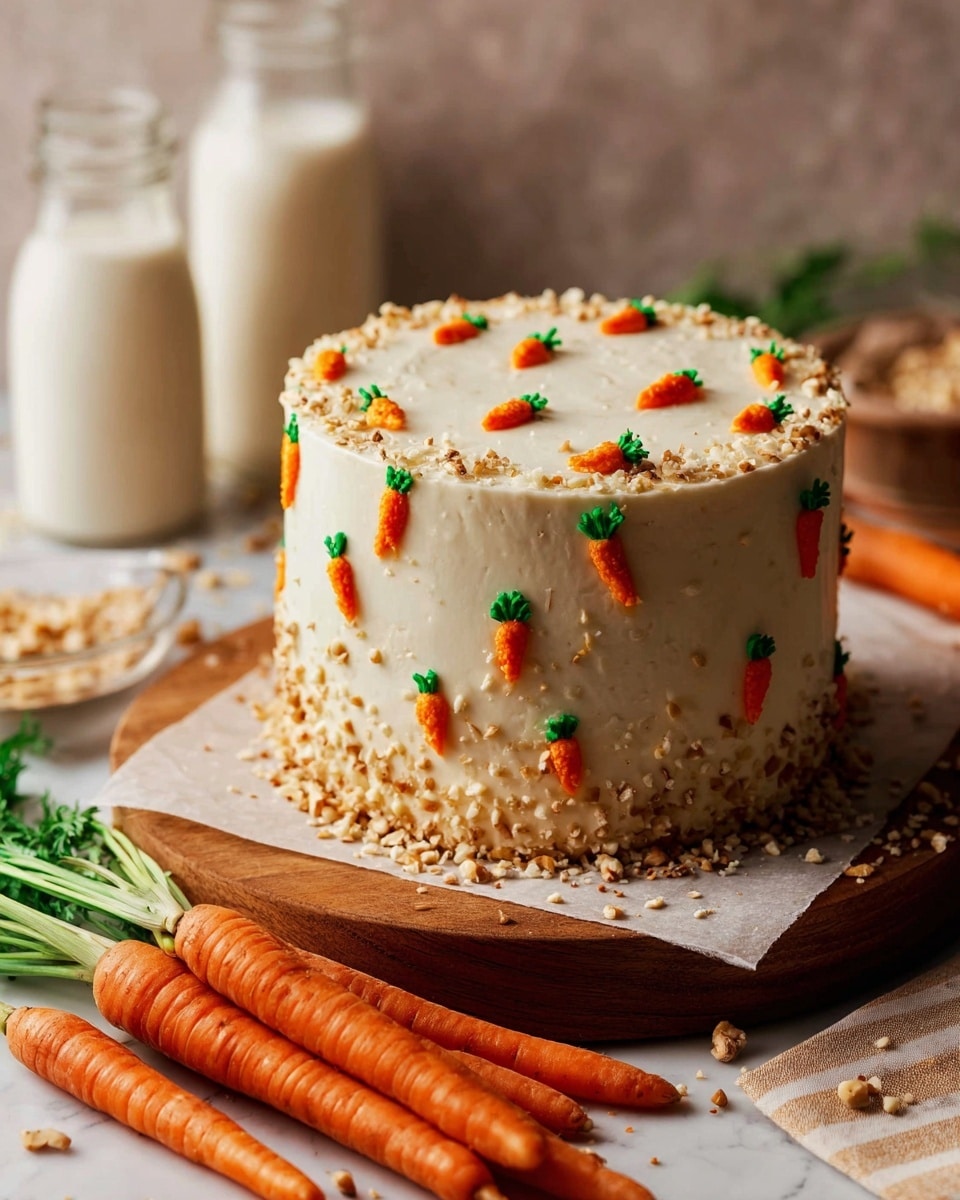 A tall, round, three-layer cake covered in smooth off-white frosting is decorated with small orange carrots made of icing with green tops evenly spread around the sides and top. Crushed nuts are sprinkled over the cake's surface as well as around its base on a piece of parchment paper on a wooden board. Bright orange fresh carrots with green tops lie in front of the cake on a white marbled surface, with two glass bottles of milk blurred softly in the background. The scene has warm lighting, highlighting the cake’s texture and details. Photo taken with an iphone --ar 4:5 --v 7