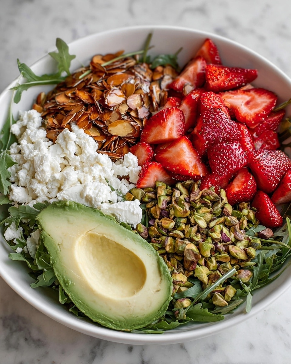 A white bowl sits on a white marbled surface filled with a colorful salad arranged in separate sections. At the bottom, there is a base of fresh, dark green arugula leaves. On the top left, a layer of toasted almond slices with a golden brown color spreads out. Next to it, on the top right, there is a pile of halved and quartered strawberries, showing vibrant red flesh with green stems on some. Near the bottom right, chopped pistachios in shades of green and brown cover part of the greens. On the bottom left, a half of a sliced avocado with pale green smooth flesh and textured dark green skin is placed. White crumbled cheese occupies the area between the avocado and pistachios, adding a soft texture contrast. The layers are clearly separated, creating a fresh and colorful presentation. Photo taken with an iphone --ar 4:5 --v 7