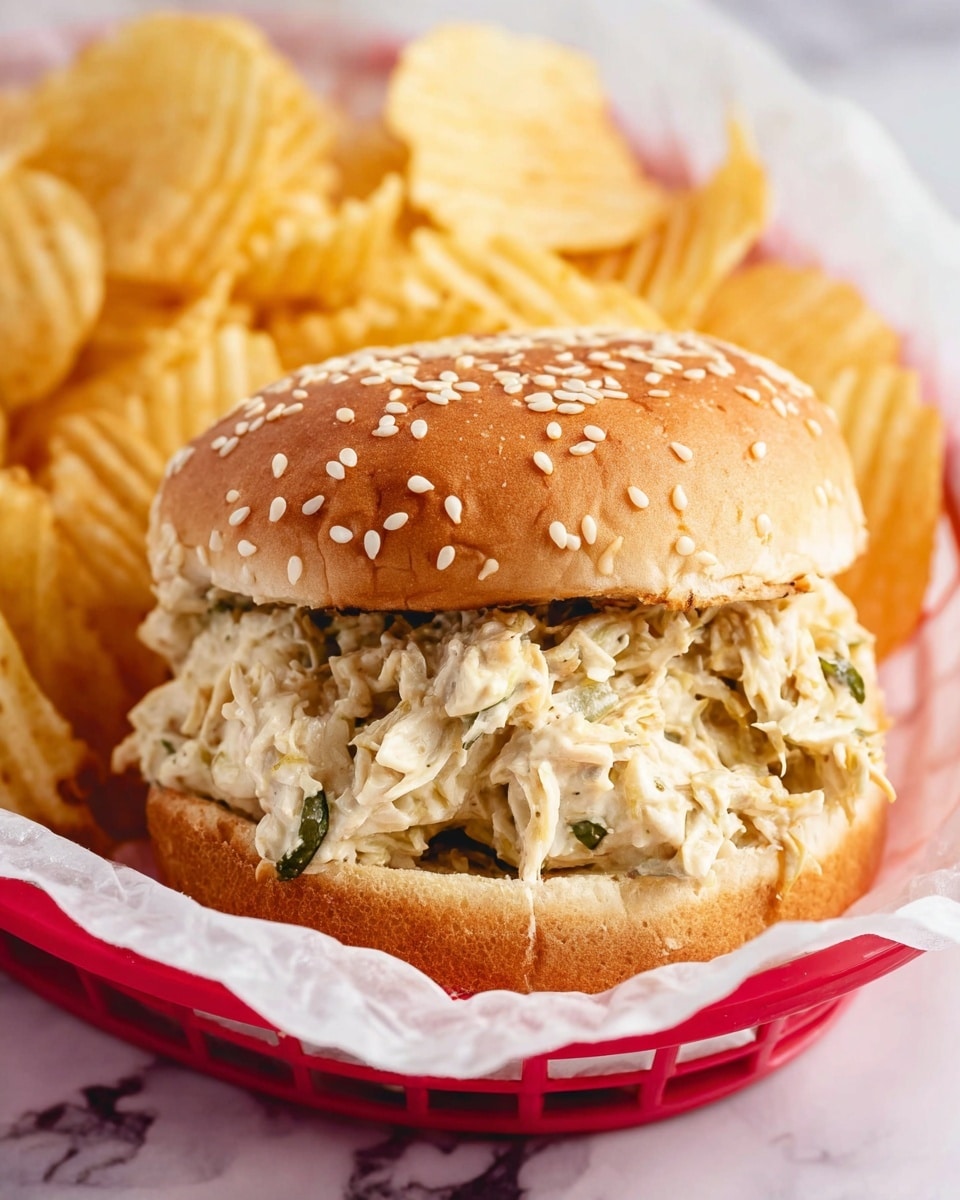 A sesame seed top bun sits on top of a thick layer of shredded, light beige chicken salad mixed with small bits of green herbs, all resting on a soft, toasted bottom bun that is golden brown. The sandwich is placed inside a white paper-lined red basket, and behind it, a pile of golden wavy potato chips fills the background. The whole scene is set on a white marbled surface. photo taken with an iphone --ar 4:5 --v 7