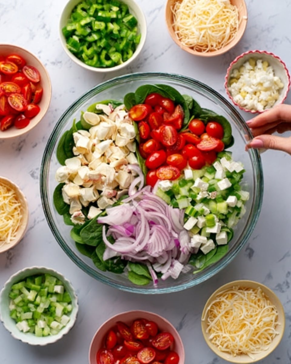 The image shows a clear glass bowl filled with tortellini pasta salad, layered with halved cherry tomatoes, chopped celery, sliced red onions, and small cubes of white cheese, all mixed together. Surrounding the bowl, there are small white bowls containing more chopped celery, cherry tomatoes, crumbled white cheese, chopped green bell peppers, and shredded cheese. Above the top right edge of the large bowl, a woman's hand is holding a small red heart-shaped bowl filled with cherry tomatoes. The background and surface are white marbled texture. Photo taken with an iphone --ar 4:5 --v 7