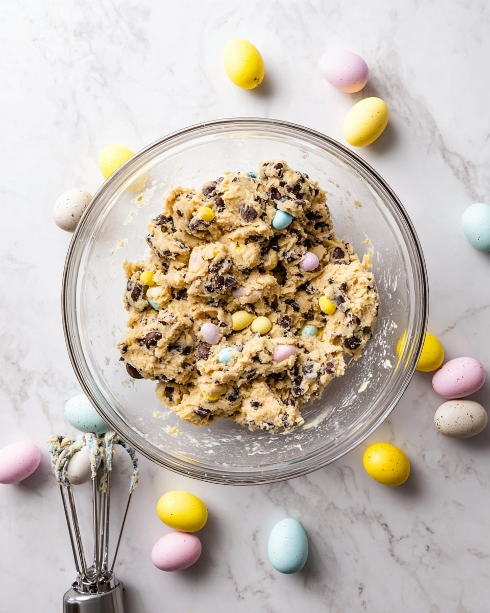 A clear glass bowl sits on a white marbled surface, filled with thick, chunky cookie dough mixed with small dark chocolate chips and pieces of pastel mini candy eggs with brown, yellow, pink, and blue shells. Around the bowl, more pastel candy eggs in soft pink, yellow, blue, and white colors are scattered, along with a metal mixer attachment resting near the bowl. The dough looks textured with visible chunks of candy and chocolate, giving it a rich, colorful, and dense appearance. photo taken with an iphone --ar 4:5 --v 7
