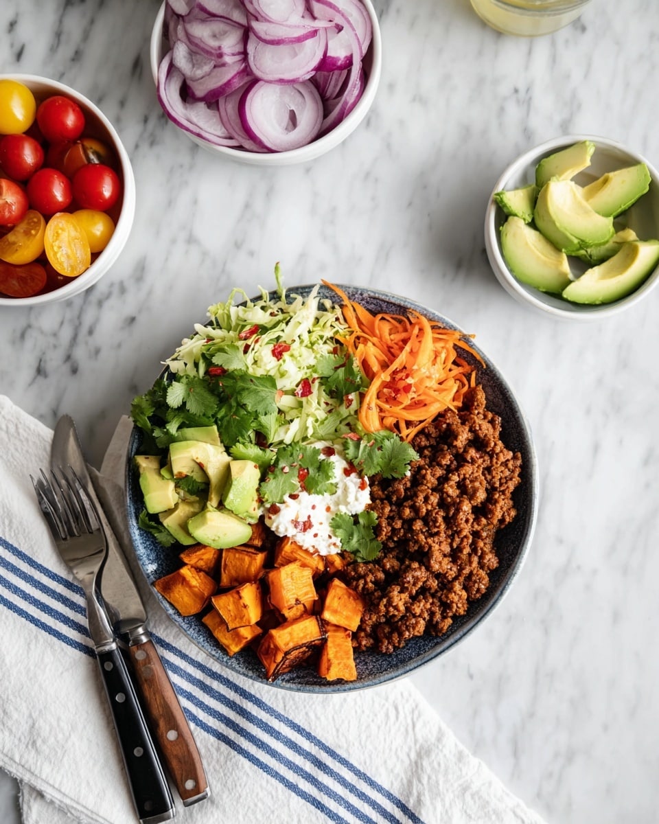 The image shows a bowl with five distinct layers arranged side by side: seasoned ground meat with a dark brown color on the left, small diced roasted sweet potatoes with a warm orange color on the right, bright avocado chunks with creamy green tones sprinkled over the top center, a scoop of white cottage cheese with some red chili flakes in the middle, and a fresh mix of shredded cabbage and carrots with green cilantro leaves topping the cabbage. Next to the bowl, there is a white bowl with slices of red onion and mixed cherry tomatoes in yellow, red, and purple colors, and another white bowl holding a few avocado slices. The whole scene sits on a white marbled surface with a white cloth with blue stripes to the side, and a fork with a black handle rests near the bowl. Photo taken with an iphone --ar 4:5 --v 7