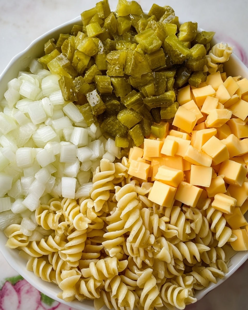 A close-up view of a white bowl filled with four different ingredients, each making a distinct layer. In the bottom left, there is a layer of small white diced onions with a fine texture. Next to it, occupying the lower half and bottom right, are pale yellow spiral pasta pieces with a smooth surface. Above the onions and pasta, there is a large pile of chopped green pickles with a glossy, slightly bumpy texture. To the right of the pickles, there are many small cubes of marbled yellow and white cheese, tightly packed with a firm texture. The bowl is set on a white marbled surface. photo taken with an iphone --ar 4:5 --v 7