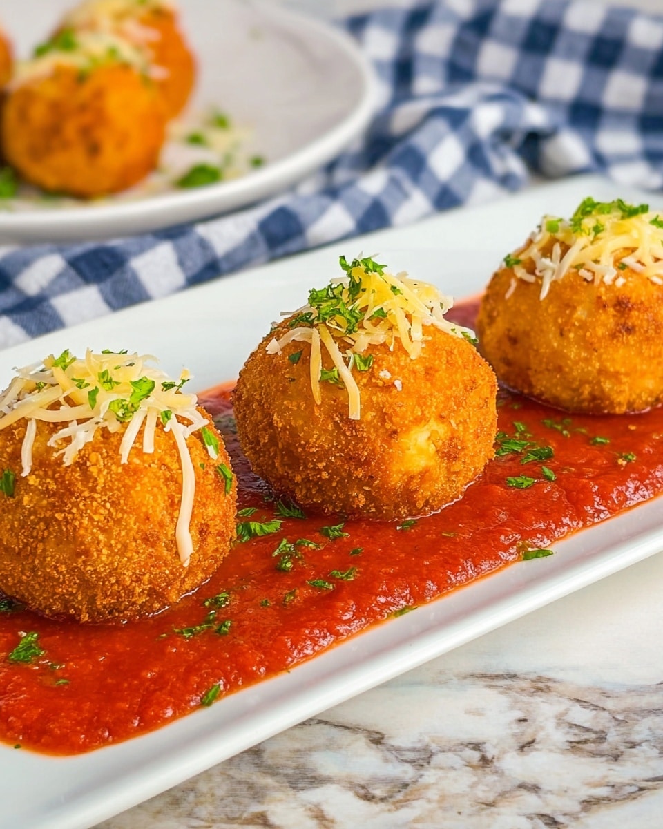 Three round fried balls with a golden brown crispy texture sit in a line on top of a smooth, thick red tomato sauce spread along a long white plate. Each ball is topped with a small pile of light yellow shredded cheese and tiny pieces of green parsley scattered over the sauce and balls. The background shows a white plate with more tomato sauce and balls, and a partly visible blue and white checkered cloth on a white marbled surface. Photo taken with an iphone --ar 4:5 --v 7