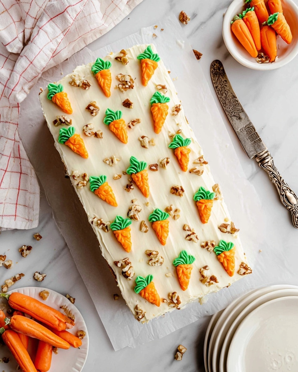 A rectangular cake with a smooth layer of white frosting covers the top and sides. On top, there are small orange and green frosting carrots placed evenly in rows, with the orange parts shaped in swirls and green leaves piped neatly. Chopped nuts are scattered over the frosting, adding texture and some brown specks. The cake sits on white parchment paper on a white marbled surface. Nearby, a small white dish holds extra frosting carrots, and there is a stack of white plates with antique silver forks on the right. A knife with a decorated handle and a white cloth with red checks are partially visible on the left. photo taken with an iphone --ar 4:5 --v 7