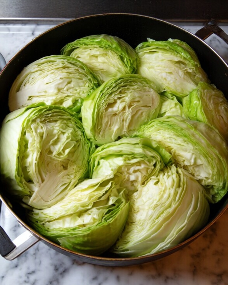 A large round black pan filled with several thick layers of cabbage wedges tightly packed side by side. The cabbage is pale green and white with firm, crinkly textures visible on the leaves. The layers are arranged in a circular pattern, covering the whole pan. The pan is placed on a stove with a white marbled surface around it. photo taken with an iphone --ar 4:5 --v 7
