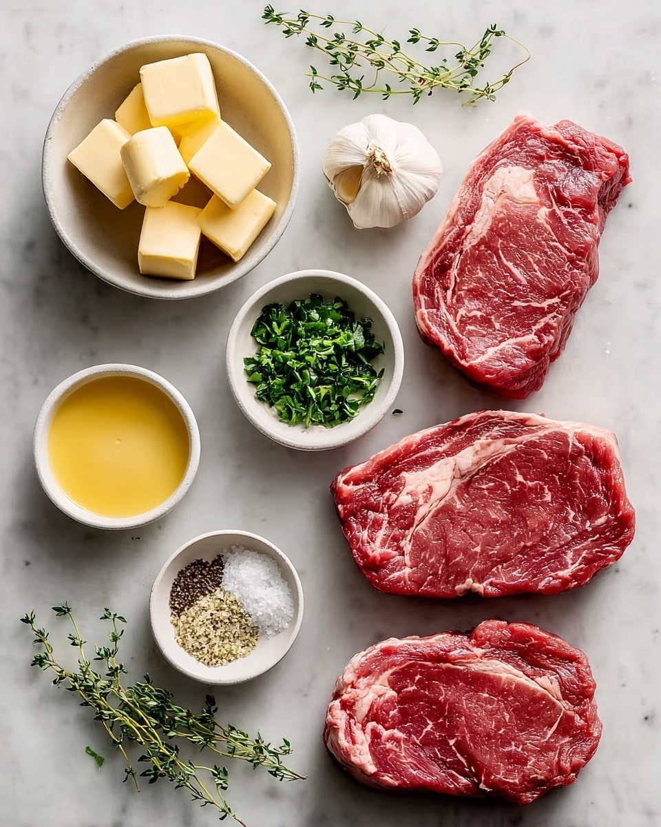 The image shows three raw steaks with red meat and white marbling, placed on a white marbled surface. Around the steaks, there are small white bowls holding different ingredients: one bowl with five cubes of pale yellow butter, one with chopped green herbs, one with whole garlic bulbs, one with a yellow sauce, and one with a mix of coarse salt and pepper. Two small sprigs of fresh thyme with green leaves lay near the bowls, adding a natural touch to the arrangement. The items are neatly placed with balanced spacing, creating a clean and simple composition. Photo taken with an iphone --ar 4:5 --v 7