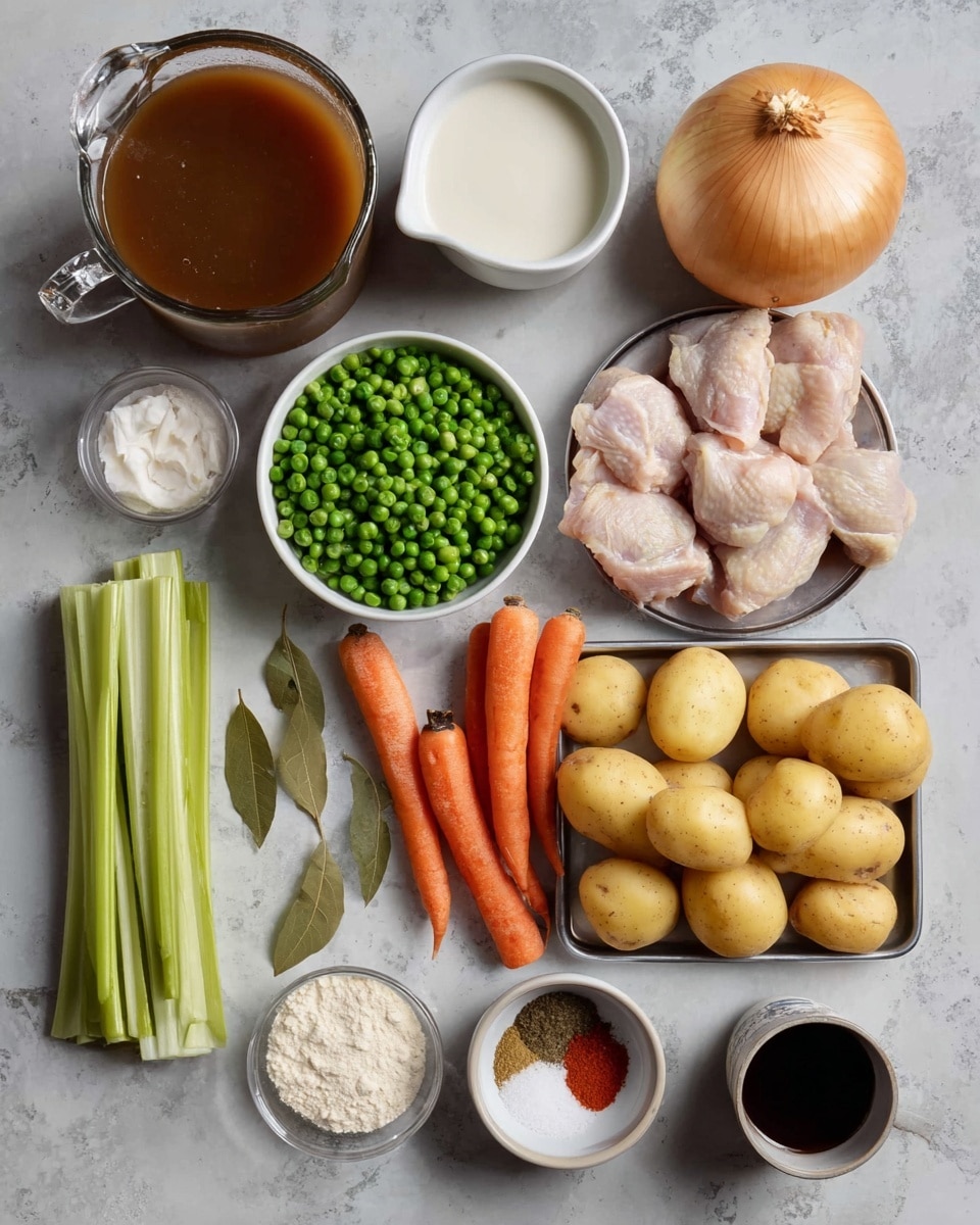 The image shows various raw ingredients arranged neatly on a white marbled surface. On the top left, there is a clear glass pitcher filled with brown broth, next to a small glass pitcher holding white milk. Below the pitchers is a small white bowl full of green peas. Moving right, there is a medium-sized yellow onion next to a large pile of small yellow potatoes. To the right of the potatoes are four raw chicken pieces on a small silver tray. Below the chicken are several long orange carrots and five stalks of fresh celery. At the bottom left side, closer to the center, there are small white bowls containing white flour, minced garlic, and two bay leaves, as well as a small white plate holding different spices arranged in four sections. Nearby is a small black cup with a dark liquid and a small glass with red powder. Everything is laid out clearly for easy viewing. photo taken with an iphone --ar 4:5 --v 7