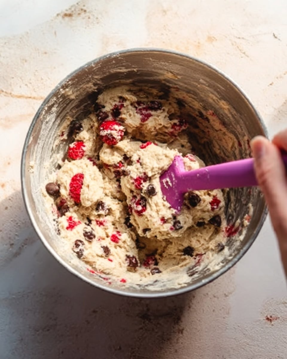 The image shows a white metal mixing bowl filled with thick dough that has red berries and dark brown chocolate chips mixed in. A woman's hand is holding a purple spatula, stirring the dough. The dough is light beige with rough texture, dotted with bright red pieces and scattered dark chocolate chips. The bowl sits on a white marbled surface with soft light shining down, highlighting the chunky mix inside. Photo taken with an iphone --ar 4:5 --v 7