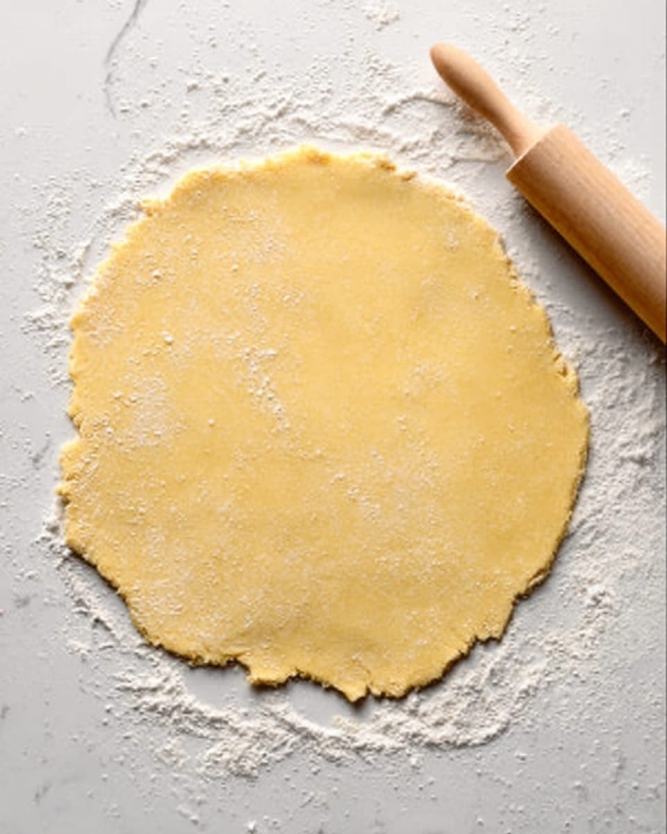 A large flat circle of light yellow dough is rolled out on a white marbled surface, with a light dusting of flour around the edges and a rolling pin placed near one side. The dough has a smooth texture with slight uneven edges and small patches of flour scattered on top. Photo taken with an iphone --ar 4:5 --v 7