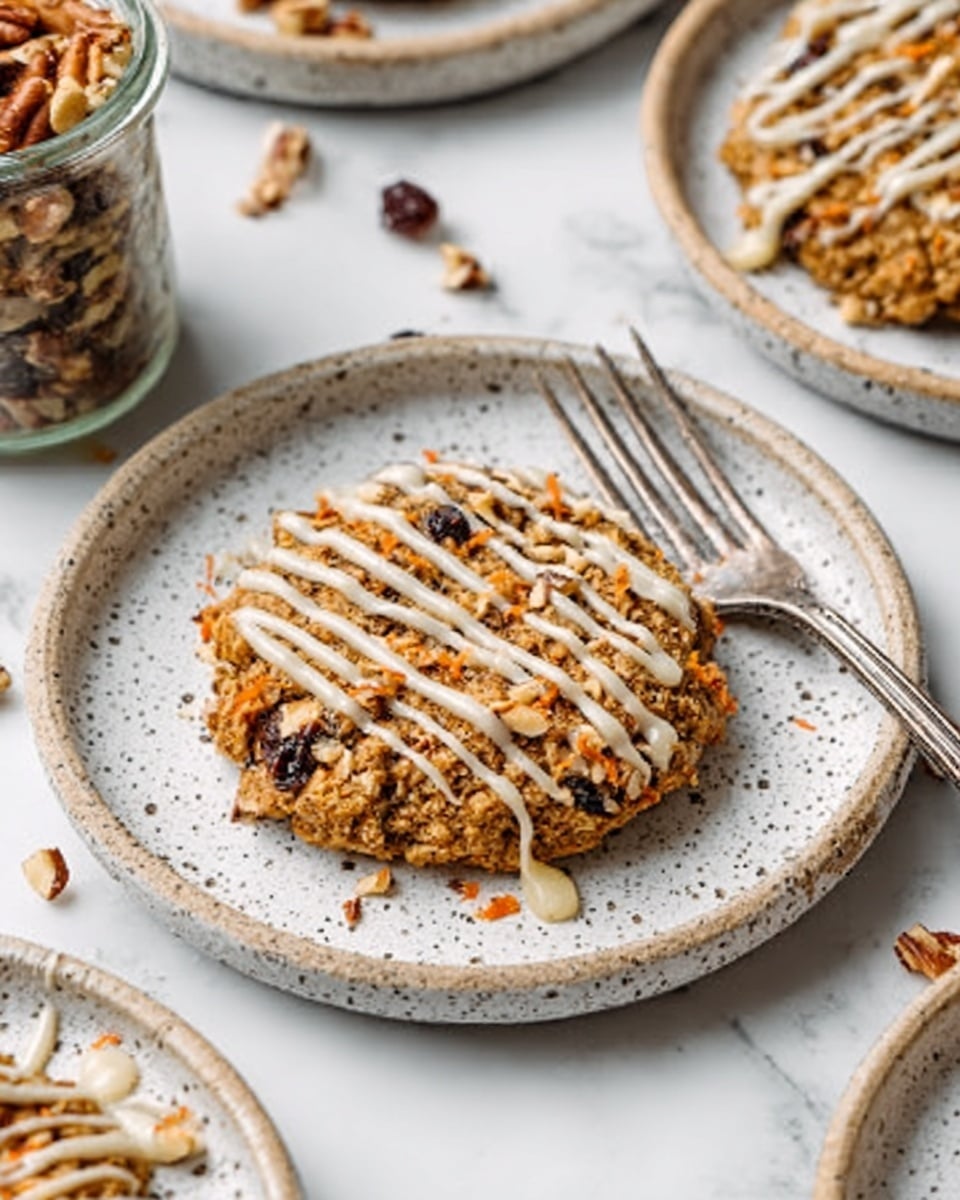 The image shows a close-up of a single round cookie on a white speckled plate, placed on a white marbled surface. The cookie has a rough texture with visible ingredients like chopped nuts and possibly raisins or chocolate chips scattered throughout. It is topped with thin, white drizzle lines across the top, adding contrast. A silver fork rests on the right edge of the plate. In the background, there are parts of other similar plates and a glass jar filled with more nuts, contributing to a cozy, homemade feel. Photo taken with an iphone --ar 4:5 --v 7