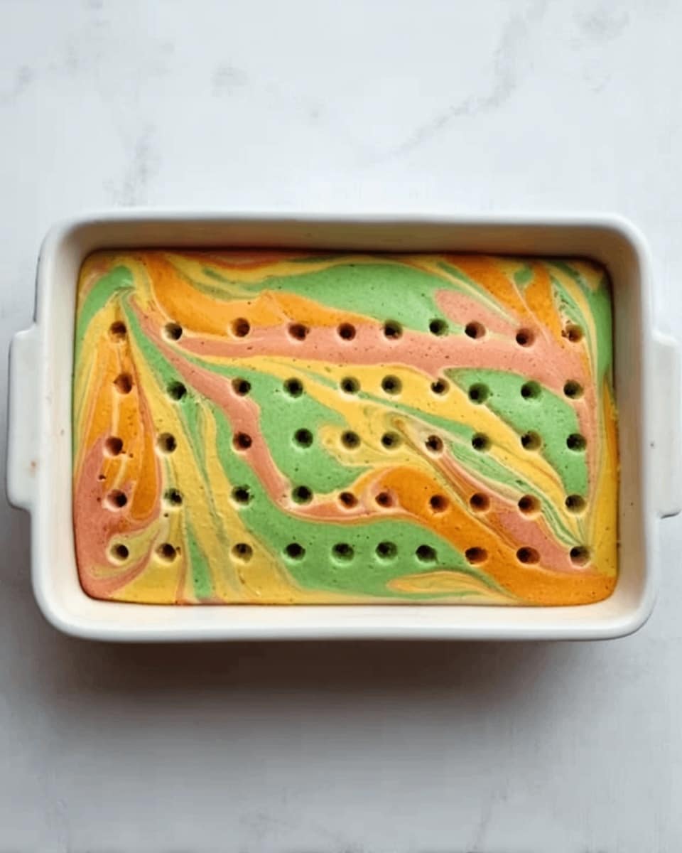 A rectangular white ceramic dish holds a colorful, marbled cake with a smooth top layer. The cake is decorated with swirls of yellow, green, and orange colors blending softly together. Evenly spaced holes are poked across the surface in rows, showing texture variations around each hole. The dish is placed on a white marbled texture surface. photo taken with an iphone --ar 4:5 --v 7