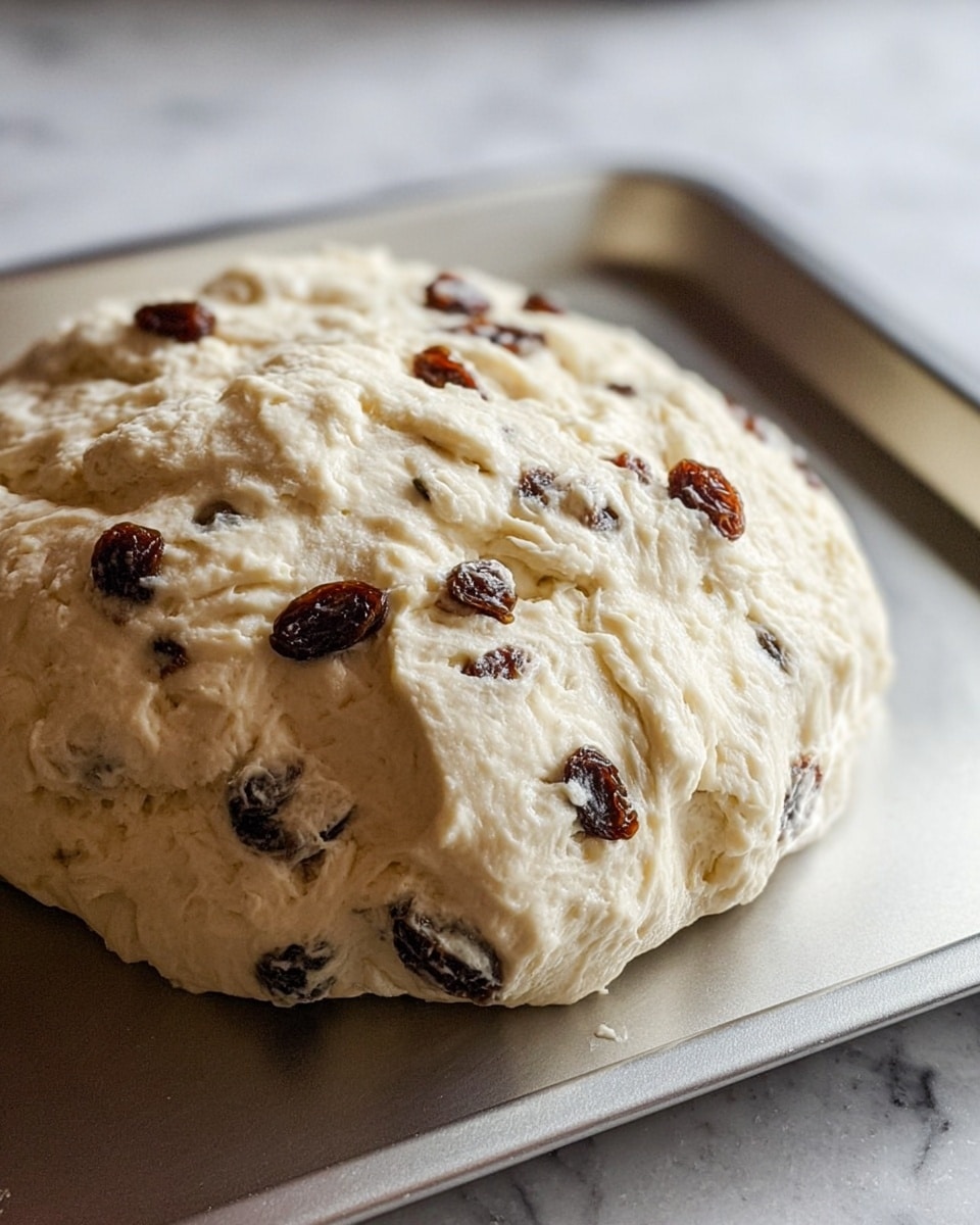 A large, round dough ball with a soft, slightly rough texture sits on a silver baking tray, filled with scattered dark brown raisins embedded throughout the creamy off-white dough. The dough looks thick and slightly bumpy, showing irregular folds and creases on its surface. The raisins are unevenly placed, some partially buried inside while others are fully visible on top. The background shows a white marbled texture surface. photo taken with an iphone --ar 4:5 --v 7