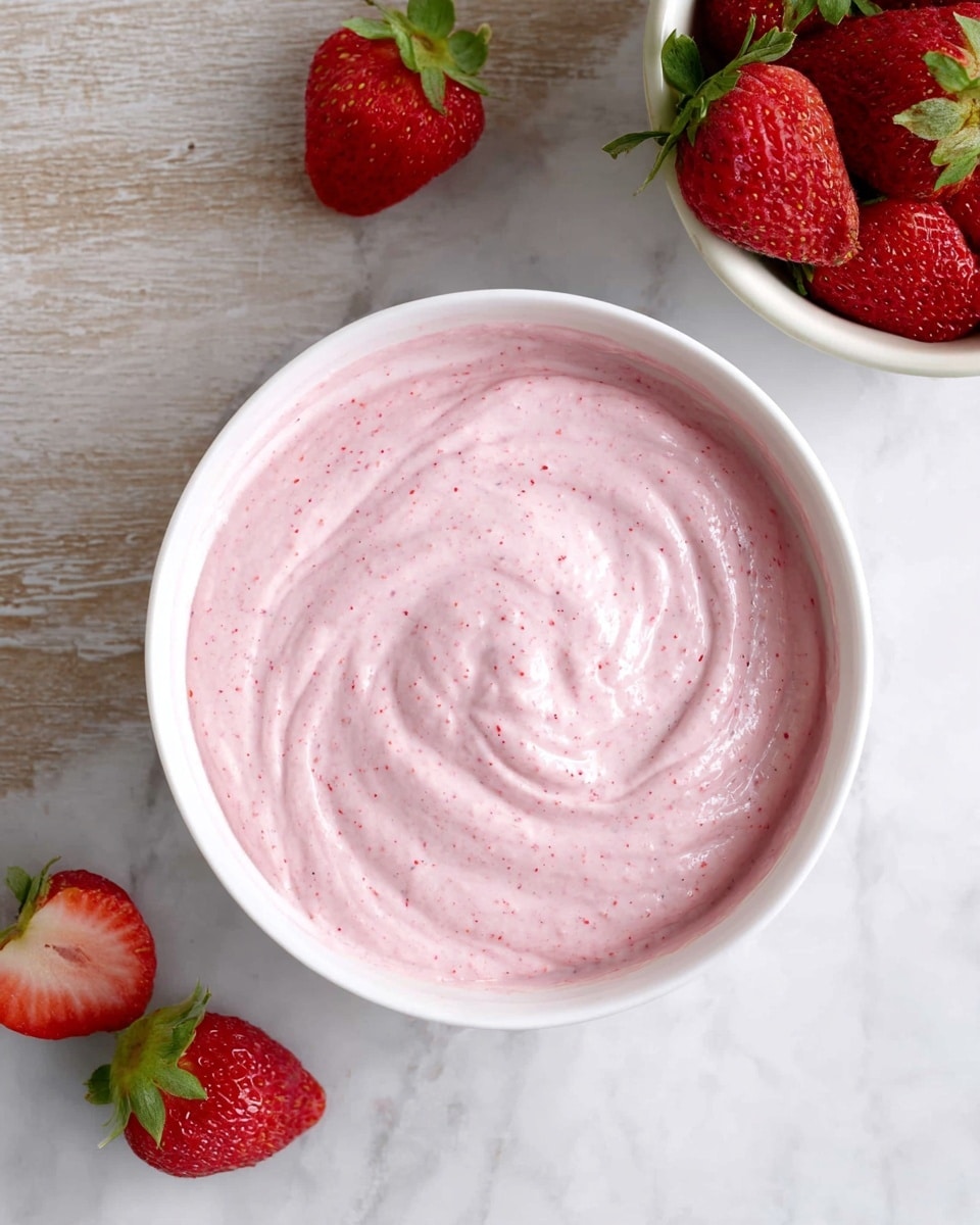 A white bowl filled with a smooth pink mixture that has small red specks throughout, showing a creamy texture with visible swirls on top. Next to the bowl, there are fresh whole strawberries and a half strawberry visible on a white marbled surface. In the top right corner, a white bowl is filled with several whole strawberries with green tops. Photo taken with an iphone --ar 4:5 --v 7