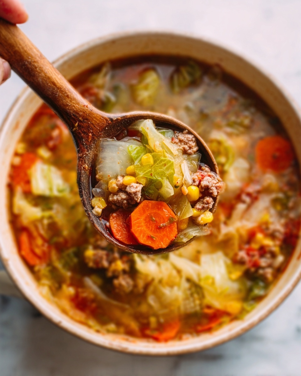A white bowl of clear soup filled with colorful vegetables and small pieces of ground meat. The soup shows layers of orange carrot slices, light green cabbage, small yellow corn, and brownish tiny chunks of meat mixed throughout the warm broth. A worn wooden spoon lifted by a woman's hand holds a spoonful of the soup, showing the ingredients clearly against the smooth white marbled background. The photo taken with an iphone --ar 4:5 --v 7