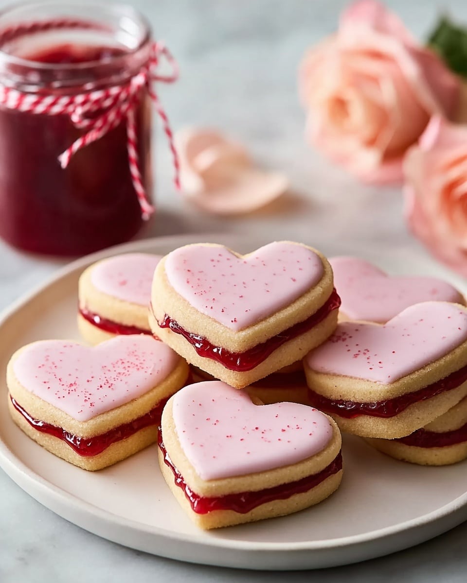 A white plate holds seven heart-shaped sandwich cookies arranged in a small pile. Each cookie has two golden-brown layers with a thick, bright red jam layer in the middle. The top layer is covered with a smooth pale pink icing with tiny red specks. The plate is on a white marbled surface next to a jar of red jam tied with red and white string. There are soft pink rose petals nearby, blurred in the background. photo taken with an iphone --ar 4:5 --v 7
