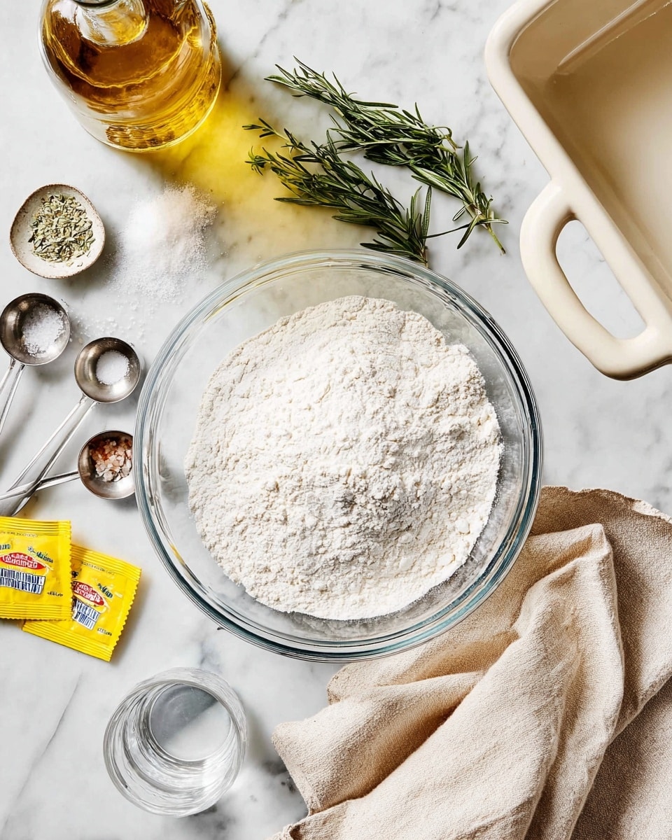 A clear glass bowl filled with a light, powdery white flour mixture sits center on a white marbled surface. To the left of the bowl are measuring spoons in different sizes with a metallic shine, small piles of dry ingredients like salt and yeast granules, sprigs of green rosemary leaves, and two bright yellow yeast packets. Below the bowl is a glass measuring cup filled with clear water. Above the bowl is a glass bottle with golden oil, catching soft light. To the right of the bowl is a beige cloth napkin casually folded and a white baking dish with beige handles just visible. Photo taken with an iphone --ar 4:5 --v 7