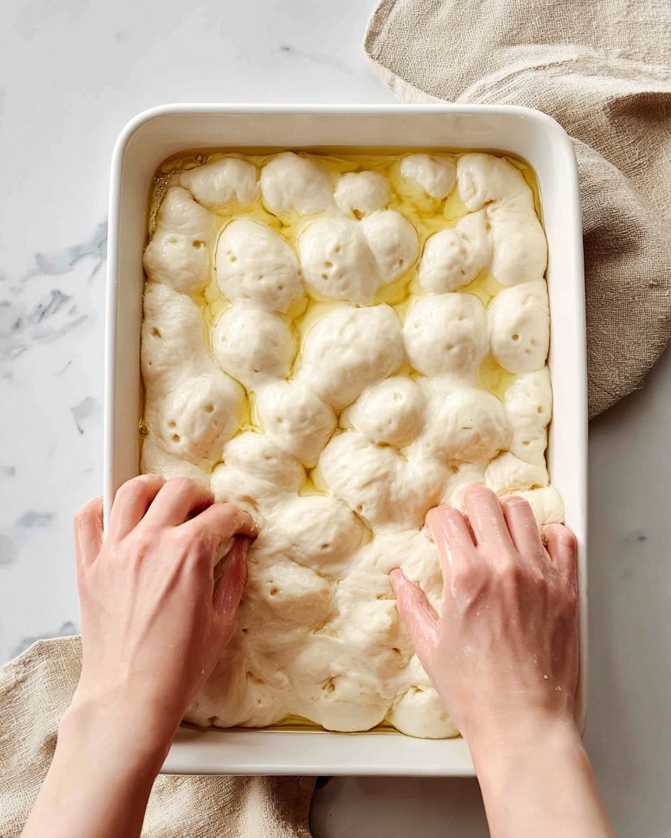 A thick, pale dough is in a white baking dish, with small dimples all over its puffy surface soaked in shiny golden oil. Two woman's hands are pressing into the dough near the bottom center, creating deep indentations. The dough looks soft and elastic with smooth, rounded bubbles and a glossy shine. The baking dish sits on a white marbled background with a beige cloth nearby. photo taken with an iphone --ar 4:5 --v 7