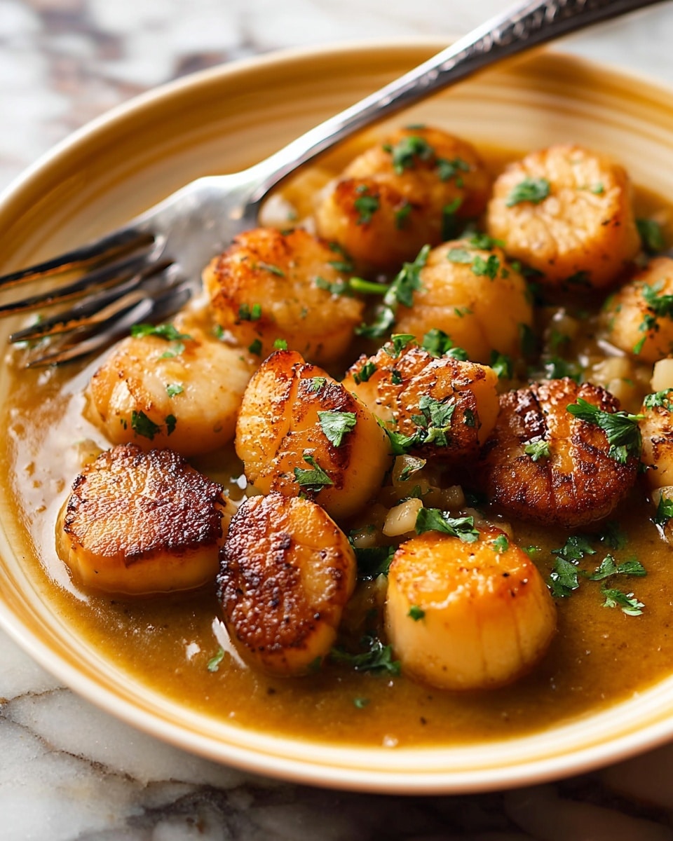 A white oval plate holds about three layers of golden brown cooked scallops arranged casually, each scallop showing a slightly browned, seared surface with a moist, tender texture. The scallops are partially covered with a shiny, light brown sauce pooling at the bottom, giving a glossy look. Bright green chopped herbs are sprinkled unevenly over the scallops, adding a fresh contrast in color. The plate sits on a dark patterned fabric with earth tones, but the background is changed to a white marbled texture. Photo taken with an iphone --ar 4:5 --v 7
