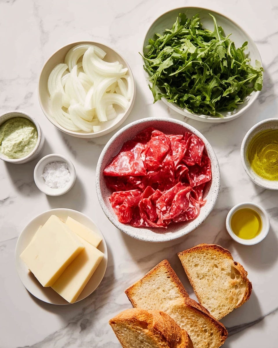 The image shows a white marbled surface with several white bowls and plates holding different ingredients. In the center, there is a white speckled bowl filled with thin, bright red raw meat slices. To the left, a white bowl contains thinly sliced white onions. Below that bowl, a small white plate holds several pale yellow cheese slices stacked neatly. Above the meat bowl, there are three small white bowls with different contents: a creamy green sauce, a small amount of salt, and a small pool of golden oil. On the right side, a white bowl is filled with fresh, dark green leafy arugula. Below the bowls, there are three pieces of light brown toasted sandwich bread placed on the marbled surface. Photo taken with an iphone --ar 4:5 --v 7
