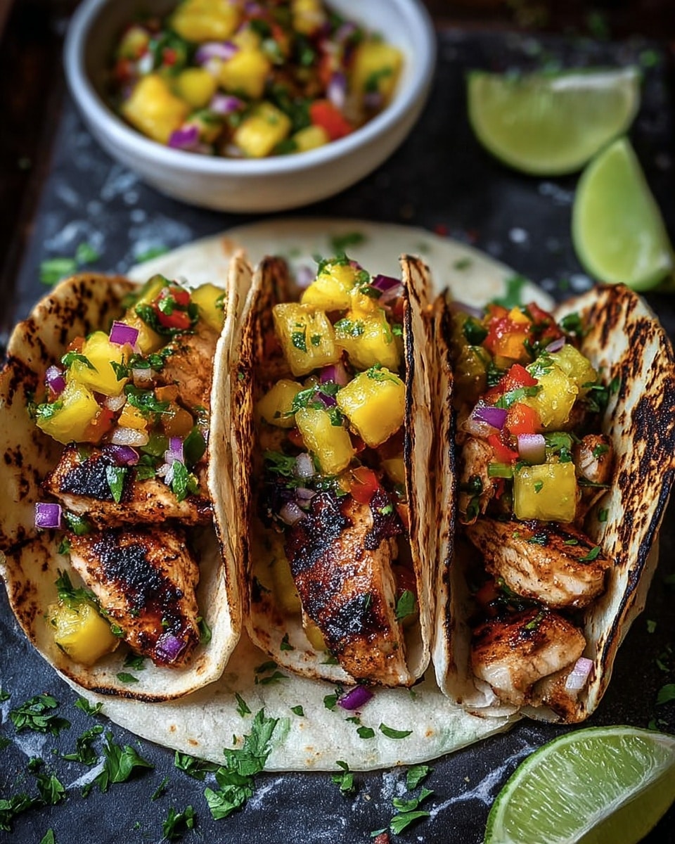Three grilled soft tacos stand upright side by side on a large white tortilla placed on a dark grey surface with scattered chopped green herbs around. Each taco has a toasted, slightly charred tortilla shell filled with layers starting with pieces of browned grilled chicken at the bottom, topped with a colorful pineapple salsa containing yellow pineapple chunks, small red and green bell pepper bits, red onion pieces, and green herbs. In the background, a white bowl holds extra pineapple salsa, and two lime wedges are placed on the surface, one near the bowl and one close to the front edge. The colors are vibrant with warm browns, bright yellows, reds, greens, and purples contrasted against the rustic dark surface with a white marbled texture. Photo taken with an iphone --ar 4:5 --v 7