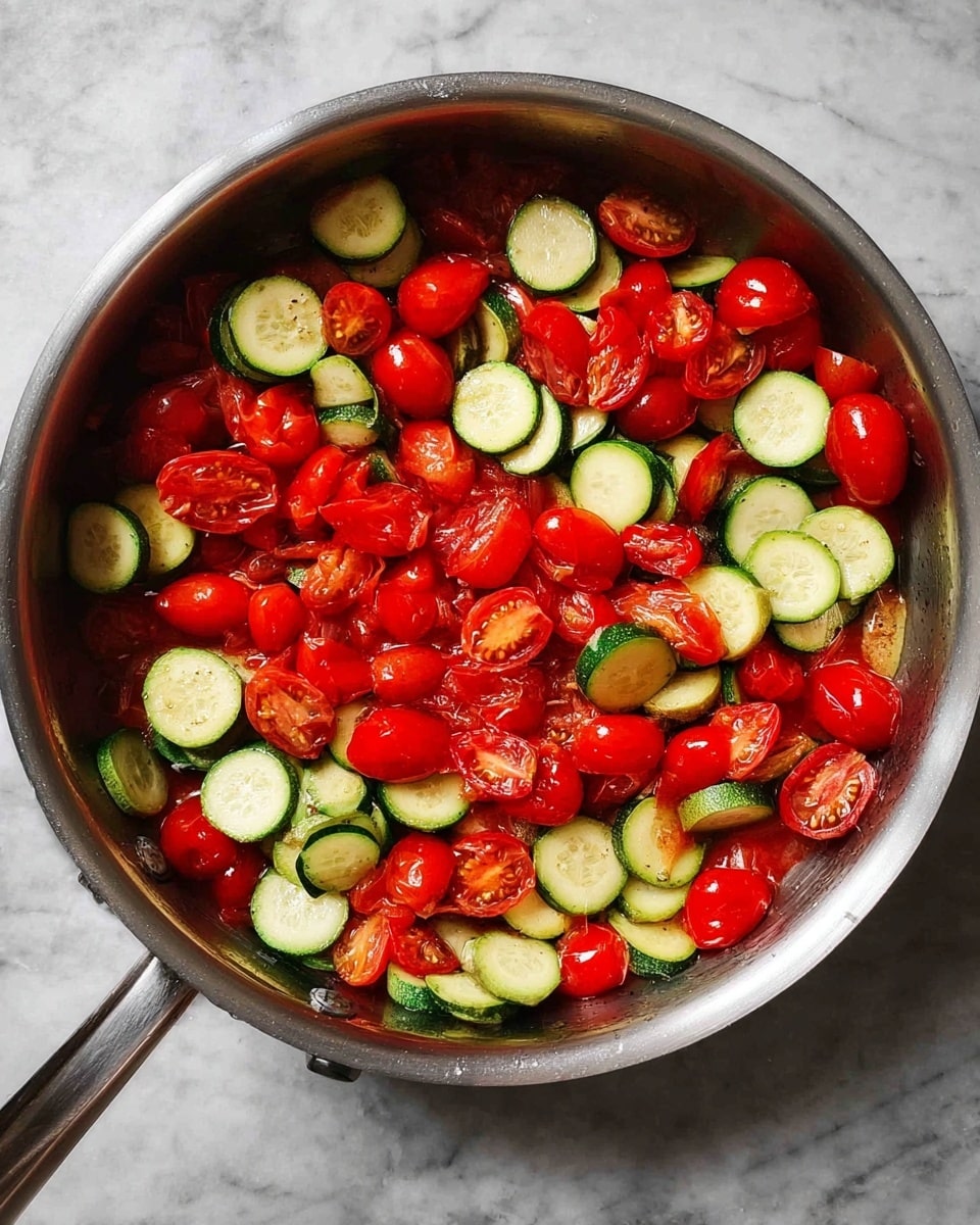 A silver pan filled with one layer of cooked cherry tomatoes and sliced zucchini mixed together, the tomatoes are bright red, some whole and some cut in half showing juicy insides, while the zucchini slices are light green with darker green skin, all resting on a white marbled surface. photo taken with an iphone --ar 4:5 --v 7