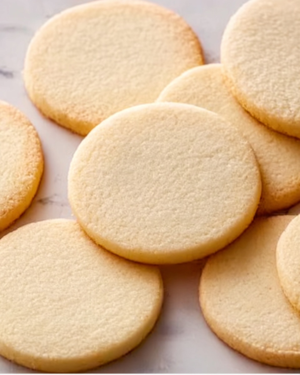 The image shows seven round sugar cookies with a smooth and light golden surface. Each cookie is thin and flat with slightly raised edges, all evenly spaced on a white marbled textured background. The texture looks soft and slightly crumbly, with no frosting or decoration on top. The cookies vary a little in size but are mostly uniform in shape. photo taken with an iphone --ar 4:5 --v 7