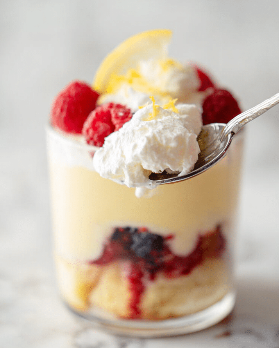 A clear glass cup holds four visible layers starting from the bottom with red raspberries, followed by a creamy pale yellow cake layer, then a topping of white whipped cream with a few red raspberries and a small piece of a yellow lemon slice on top. A silver spoon with some of the white cream and a raspberry is placed on the right side inside the cup. The background is a soft blurred white marbled surface. photo taken with an iphone --ar 4:5 --v 7