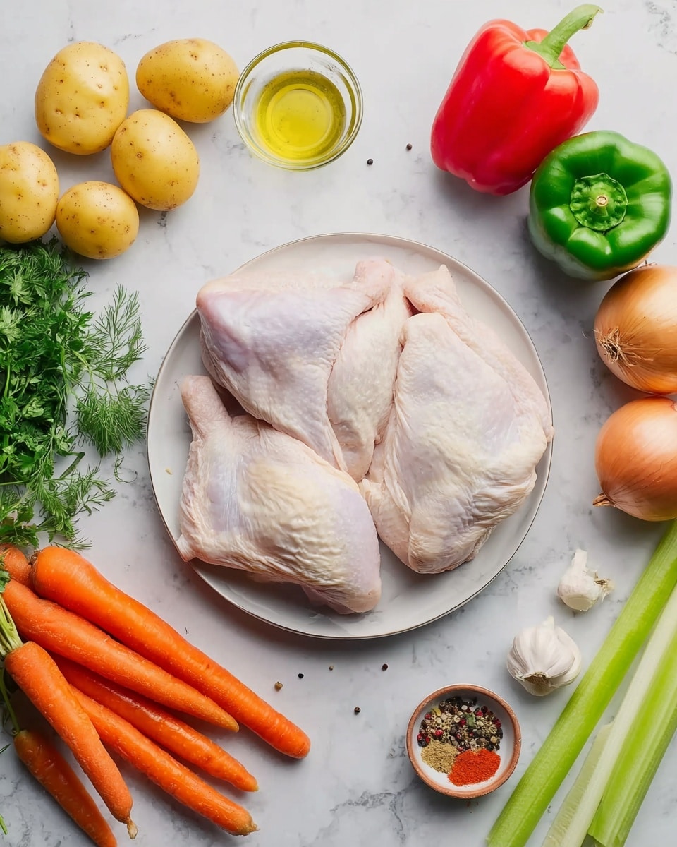 A white plate sits in the middle of a white marbled surface, holding four raw chicken parts with pale pink and white skin, arranged so one piece is on top of the others showing its curved shape, surrounded by fresh vegetables. To the left of the plate, there are five small yellow potatoes, one green bell pepper, one red bell pepper, and a small bunch of green fresh herbs including parsley and dill. To the right of the plate, there are three orange carrots, two pale green celery stalks, two yellow onions with dry skin, a small bowl of mixed spices with black pepper, salt, and red powder, and two cloves of garlic. A small glass bowl filled with light golden oil is placed near the top left, completing the layout. The photo taken with an iphone --ar 4:5 --v 7
