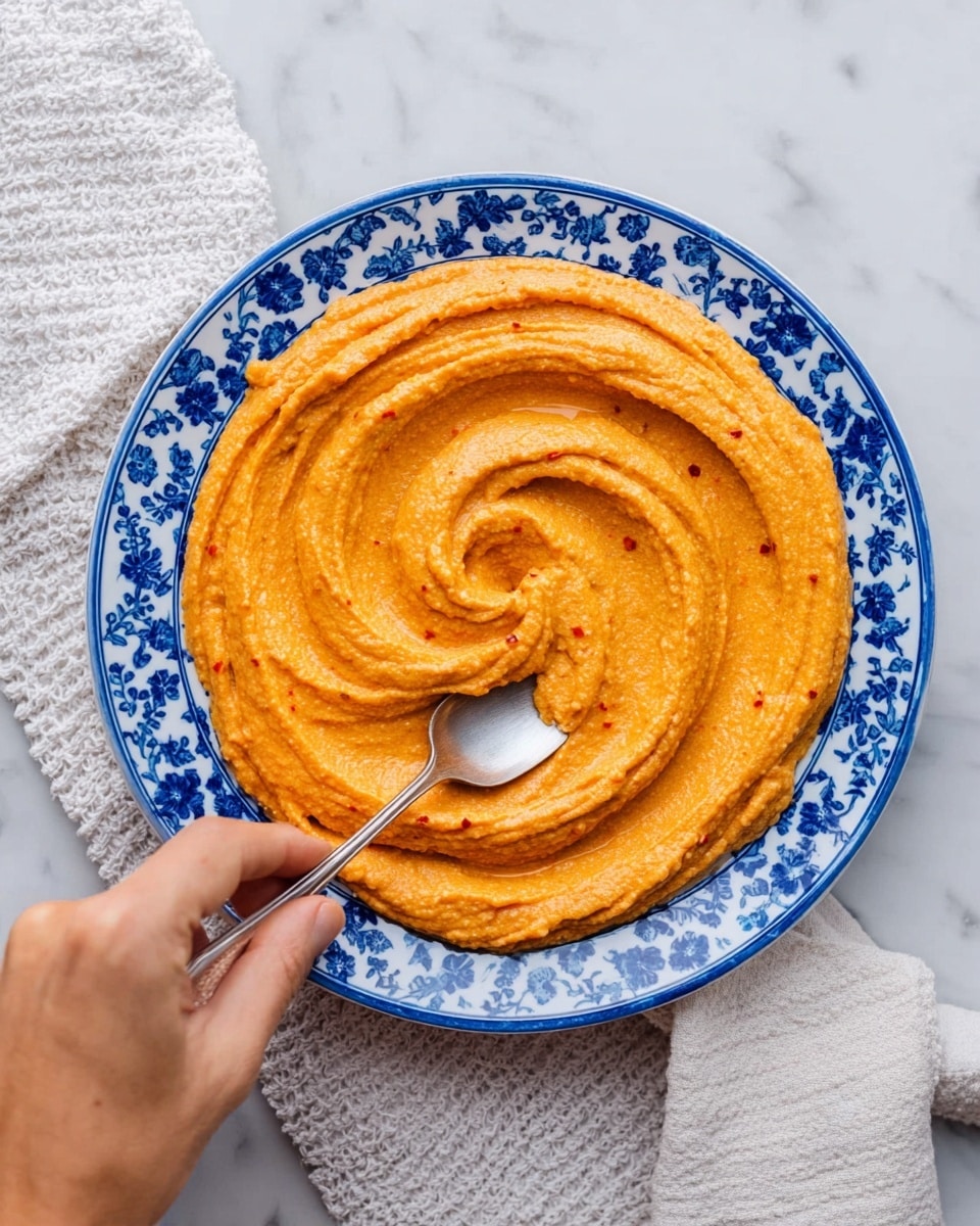 A blue and white patterned white plate filled with smooth, thick, orange spread swirled in a spiral pattern from outside to the middle, showing a creamy, slightly rough texture with small red specks scattered throughout. A woman's hand holding a silver spoon is touching the spread at the bottom left of the plate. The plate is on a white marbled surface with a white textured cloth beside it. photo taken with an iphone --ar 4:5 --v 7