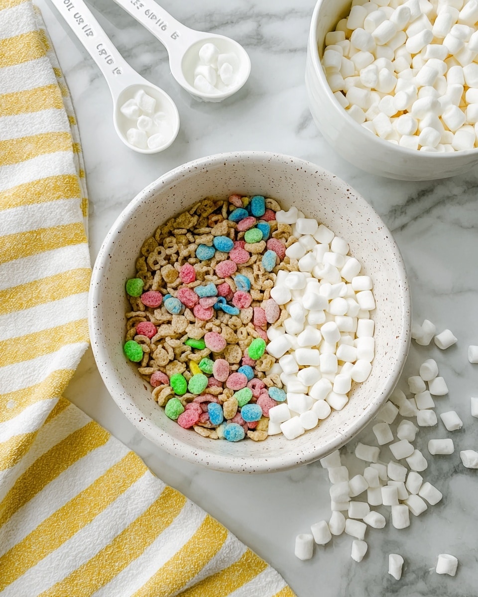 A white speckled bowl sits on a white marbled surface with two layers inside it; the left side is filled with colorful cereal pieces including beige shapes mixed with bright pink, green, blue, and red pieces, while the right side is full of small white marshmallows, both layers occupying about half the bowl each. Around the bowl, many small white marshmallows spill over a yellow and white striped towel. Nearby are three white ceramic measuring spoons with writing on the handles and another white bowl filled with more white marshmallows. The whole scene is bright and clean. photo taken with an iphone --ar 4:5 --v 7