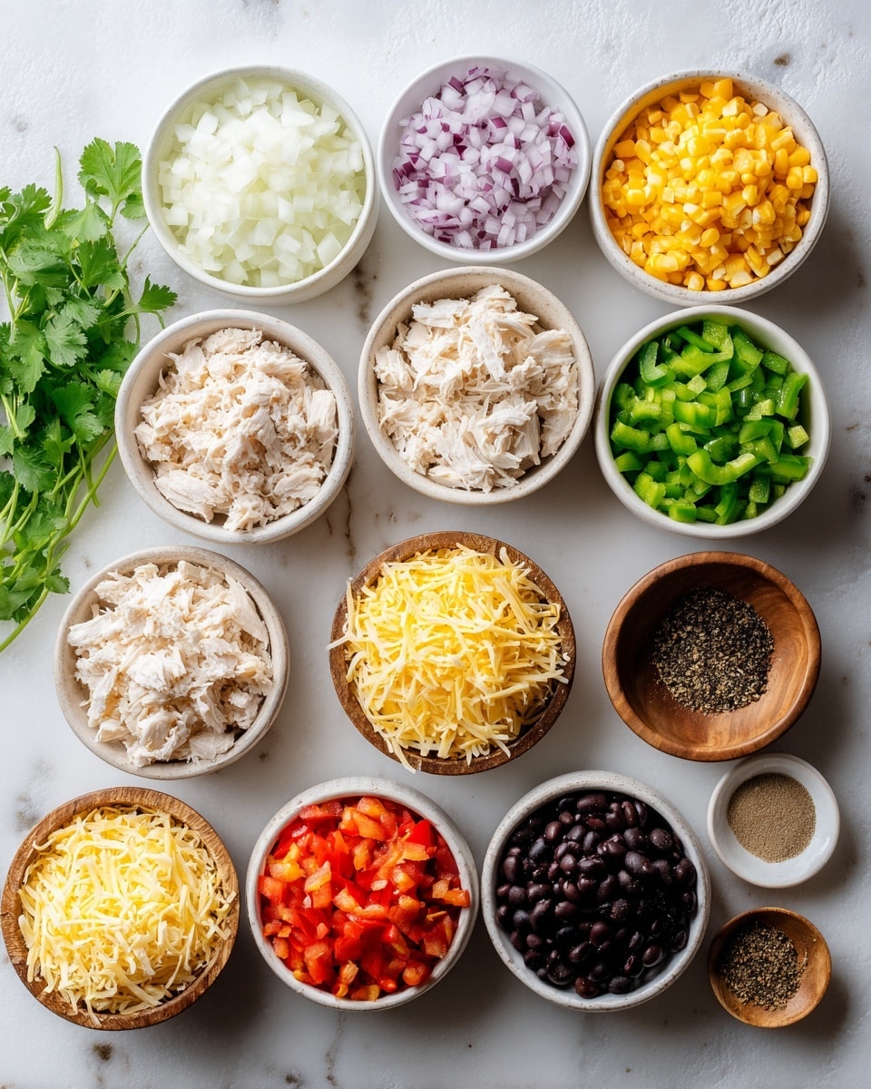 The image shows eleven small bowls arranged in three rows on a white marbled surface. The top row has four bowls filled with chopped white onion, chopped white onion again but in a smaller bowl, chopped red onion, and shredded cooked chicken, all placed from left to right. The middle row has three bowls with shredded cooked chicken, chopped green bell pepper, and finely chopped yellow bell pepper. The bottom row has four bowls filled with shredded yellow and white cheese mix, black beans, chopped red bell pepper, and shredded white cheese. There are also two small wooden bowls on the right containing ground black pepper and brown spice, and one small white bowl on the left with shredded yellow and white cheese. Fresh green cilantro is placed to the left of the bowls. The bowls are round and white, except for two in the middle row which have a natural wooden look. The overall feel is bright and fresh. Photo taken with an iphone --ar 4:5 --v 7