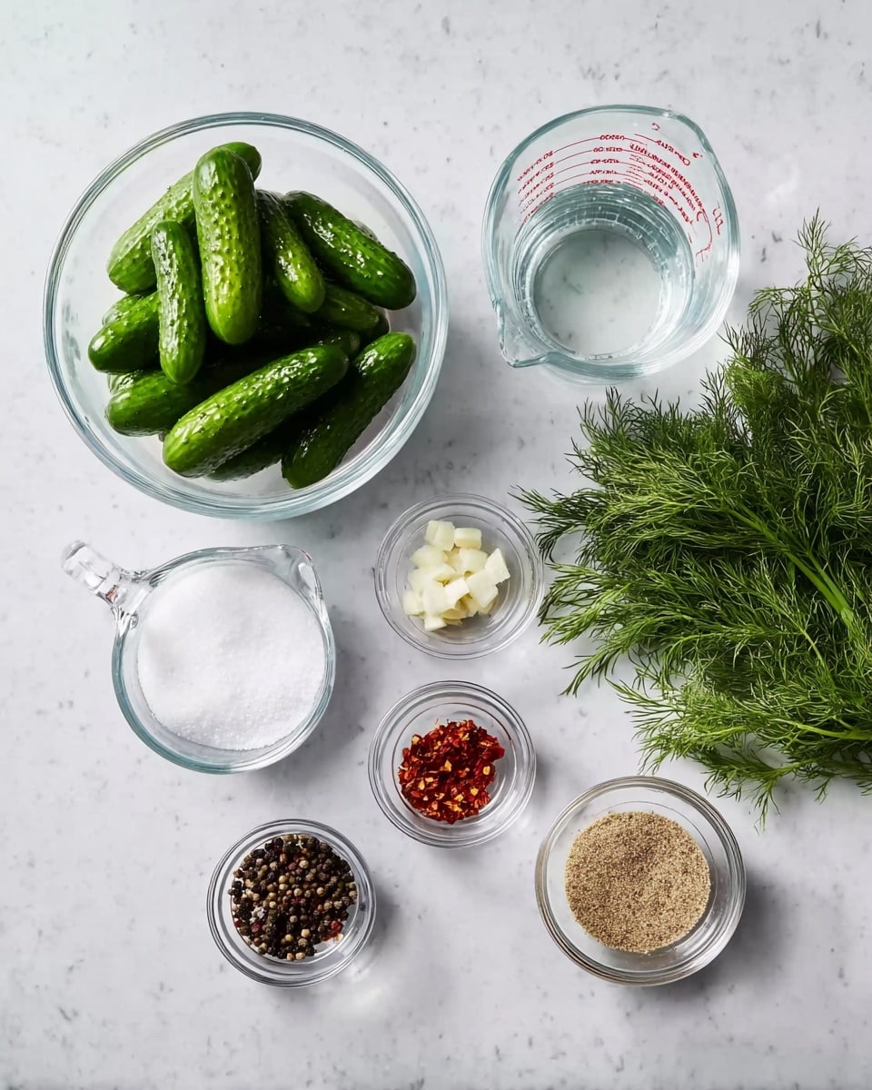 The image shows several ingredients on a white marbled surface arranged neatly. On the left, there is a clear glass bowl filled with small, bright green cucumbers. To the right and below it, there are two clear measuring cups with water inside, each showing measurement markings in red. In the middle, there are five small clear bowls arranged in a grid. The top row has a bowl with white granulated sugar, a bowl with red pepper flakes, and a bowl filled with minced garlic. The bottom row has a bowl with whole black peppercorns mixed with other spices, and a bowl with light brown ground spices. On the far right, there is a bunch of fresh dill, dark green and fluffy. photo taken with an iphone --ar 4:5 --v 7
