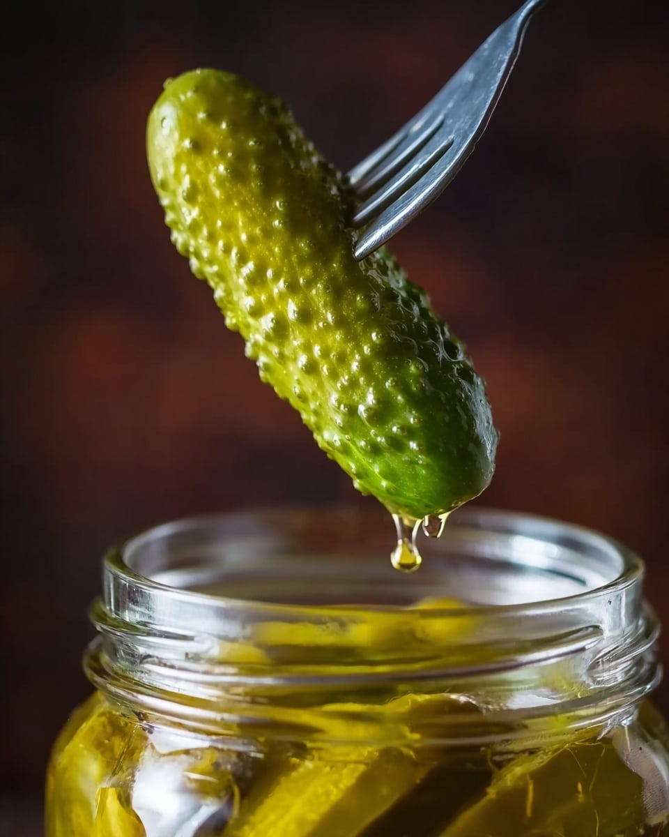 A close-up image shows a whole green pickled cucumber covered in bumpy texture, held by a fork above a clear glass jar filled with pickles and brine. A drop of liquid is falling from the cucumber’s tip, suggesting it was just lifted from the jar. The background is blurred with dark, warm colors, highlighting the bright green pickle. The photo taken with an iphone --ar 4:5 --v 7