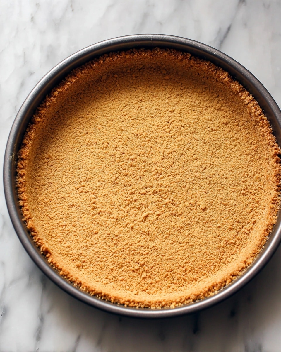 A close-up view of a round pie crust in a metal baking pan, showing one even layer of golden-brown, crumbly graham cracker texture pressed against the sides and bottom, with a slightly darker brown ring around the edge. The pan sits on a background with a white marbled texture. photo taken with an iphone --ar 4:5 --v 7