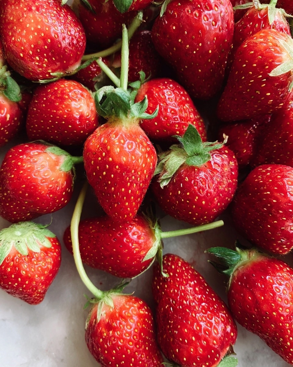 A close-up view of many bright red strawberries with small yellow seeds and green leaves on top, some with long green stems, lying close together against a white marbled surface, showing their shiny, smooth skin and varied shapes. photo taken with an iphone --ar 4:5 --v 7