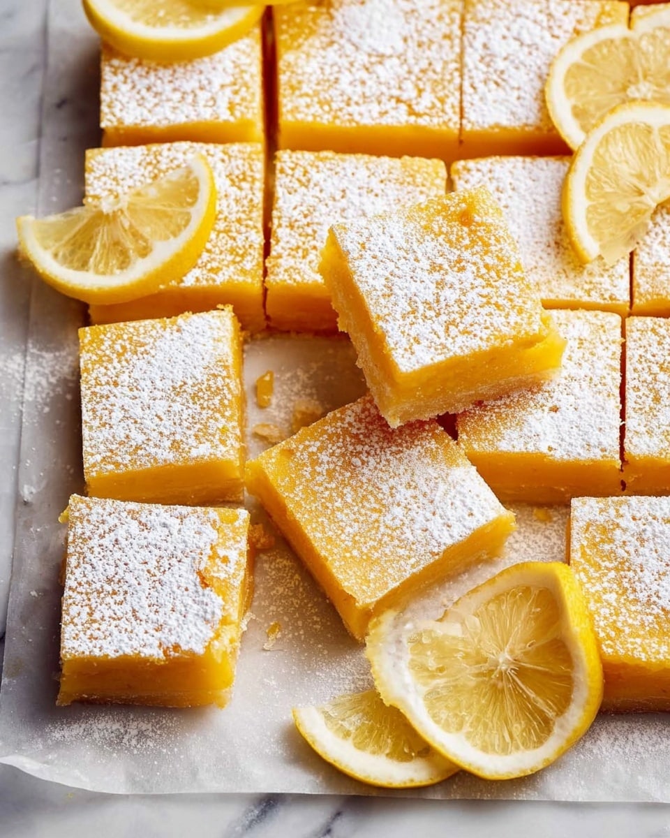 The image shows a tray of yellow lemon bars cut into square pieces arranged on a white marbled surface lined with parchment paper. There are two layers visible in each bar: a dense yellow top layer and a lighter, slightly thicker bottom layer. The top of the bars is lightly dusted with white powdered sugar, adding a soft texture. Several fresh lemon slices with a bright yellow color and visible seeds are scattered on and around the lemon bars as decoration. Two bars are slightly lifted above the rest, showing the layers clearly. The overall color is warm yellow with white accents from the powdered sugar and parchment paper. Photo taken with an iphone --ar 4:5 --v 7