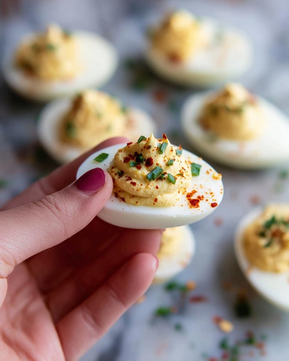 A white plate holds six halves of hard boiled eggs arranged in a loose circle. Each egg half has a smooth, white outer layer and is filled with a creamy, slightly rough yellow yolk mixture. The yolk filling is piled high and uneven, and each egg half is sprinkled with small, vibrant red paprika flakes that add a bright contrast. The plate rests on a white marbled surface with a textured grey cloth partially visible in the lower corner. The lighting is soft and natural, giving the eggs a fresh and inviting look. Photo taken with an iphone --ar 4:5 --v 7